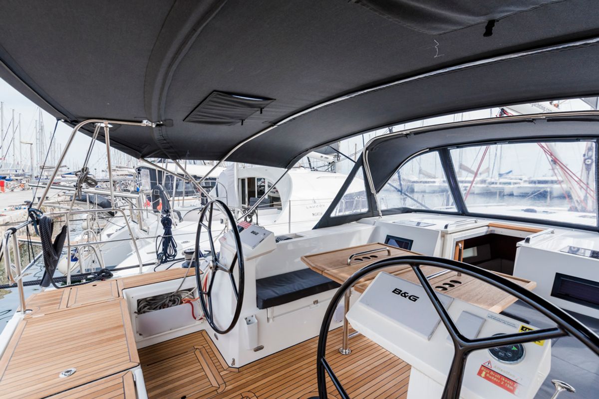Cockpit of Midas, a Bavaria C45 sailboat at Tourlos, Greece