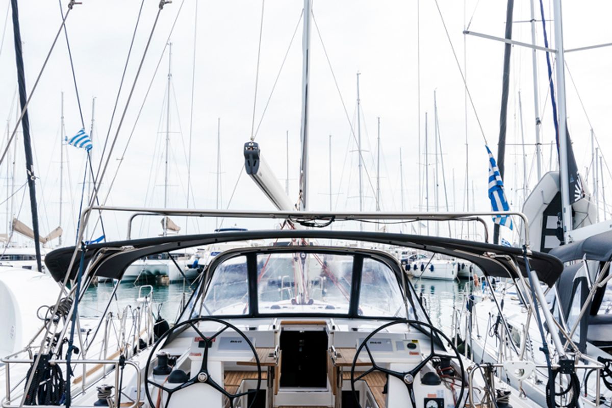 Cockpit of Midas, a Bavaria C45 sailboat at Tourlos, Greece