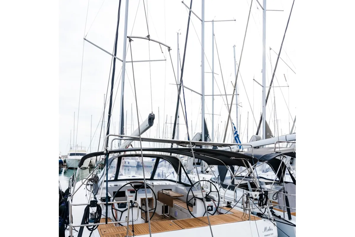 Deck of Midas, a Bavaria C45 sailboat at Tourlos, Greece