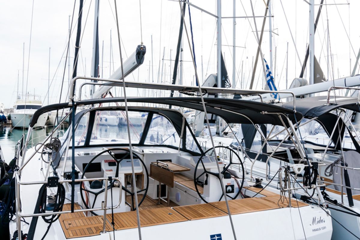 Deck of Midas, a Bavaria C45 sailboat at Tourlos, Greece