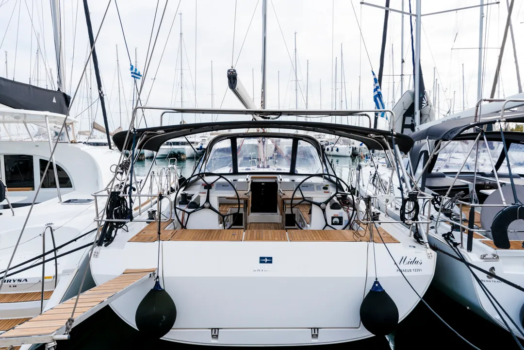 Exterior view of Midas, a Bavaria C45 sailboat at Tourlos, Greece