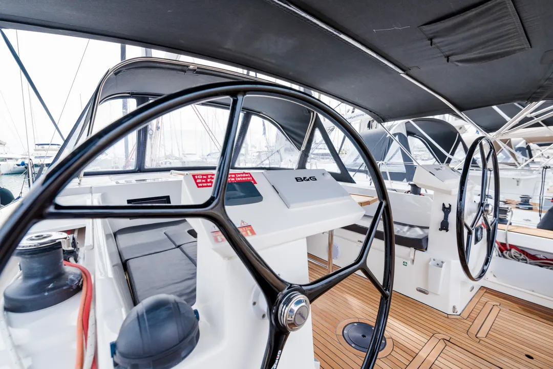 Cockpit of Midas, a Bavaria C45 sailboat at Tourlos, Greece