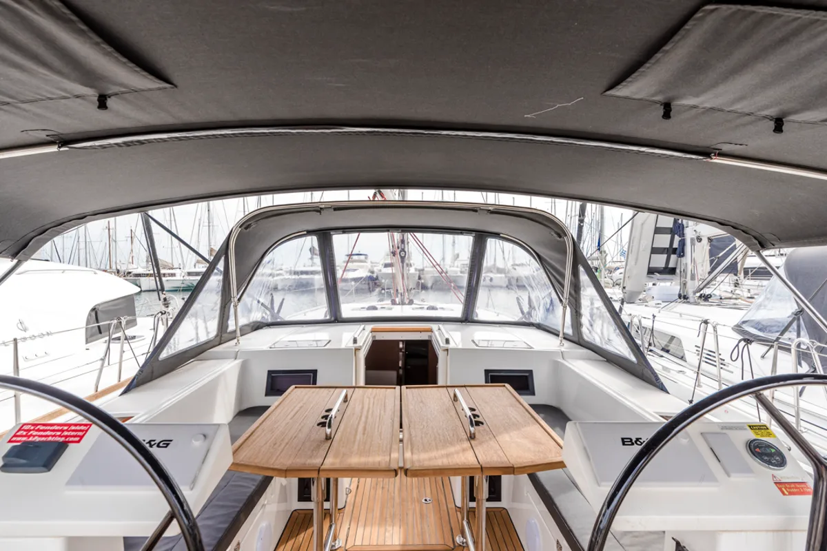 Cockpit of Midas, a Bavaria C45 sailboat at Tourlos, Greece