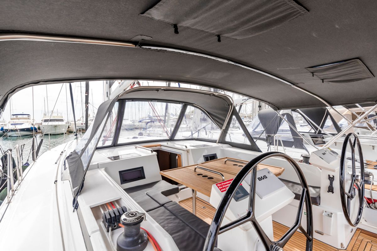 Cockpit of Midas, a Bavaria C45 sailboat at Tourlos, Greece