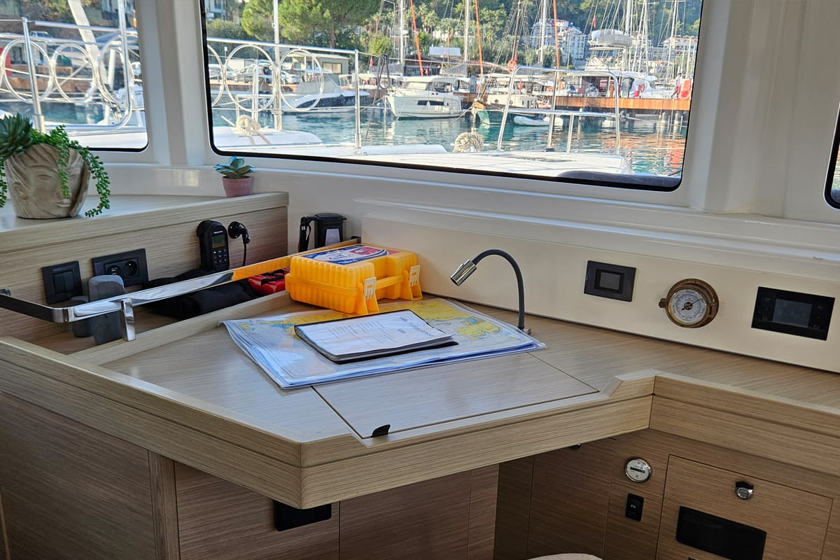 Cockpit of A-Sphere, a Lagoon 46 catamaran at Marmaris, Turkey