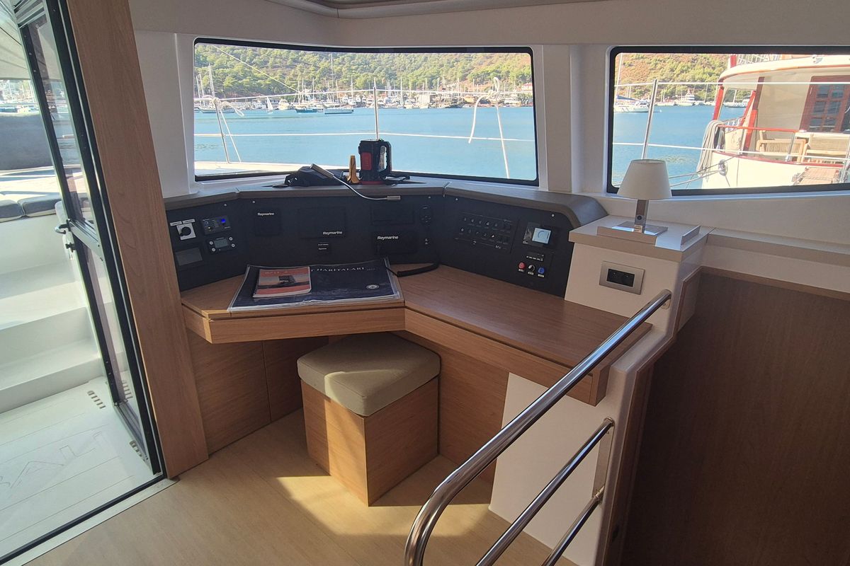 Cockpit of Solo Star, a Bali 4.6 catamaran at Fethiye, Turkey