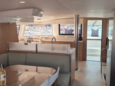 Salon of Solo Star, a Bali 4.6 catamaran at Fethiye, Turkey