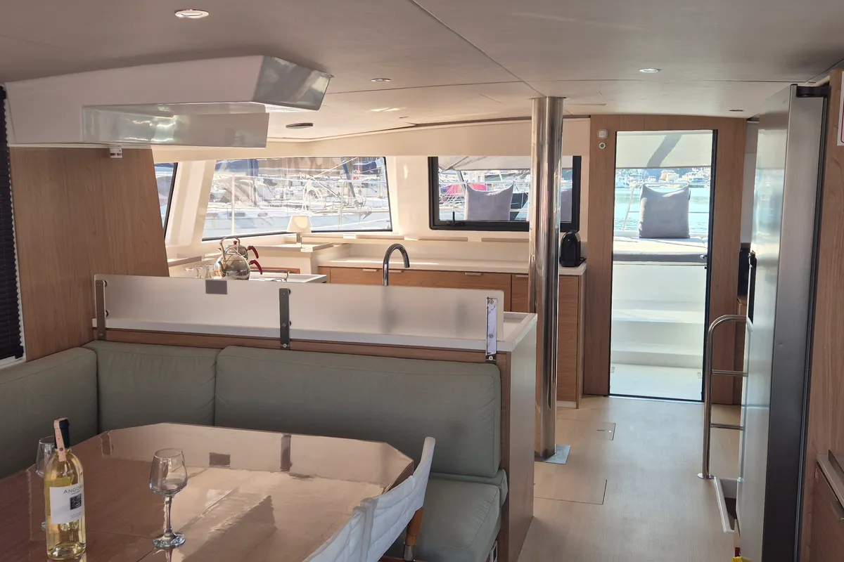 Salon of Solo Star, a Bali 4.6 catamaran at Fethiye, Turkey