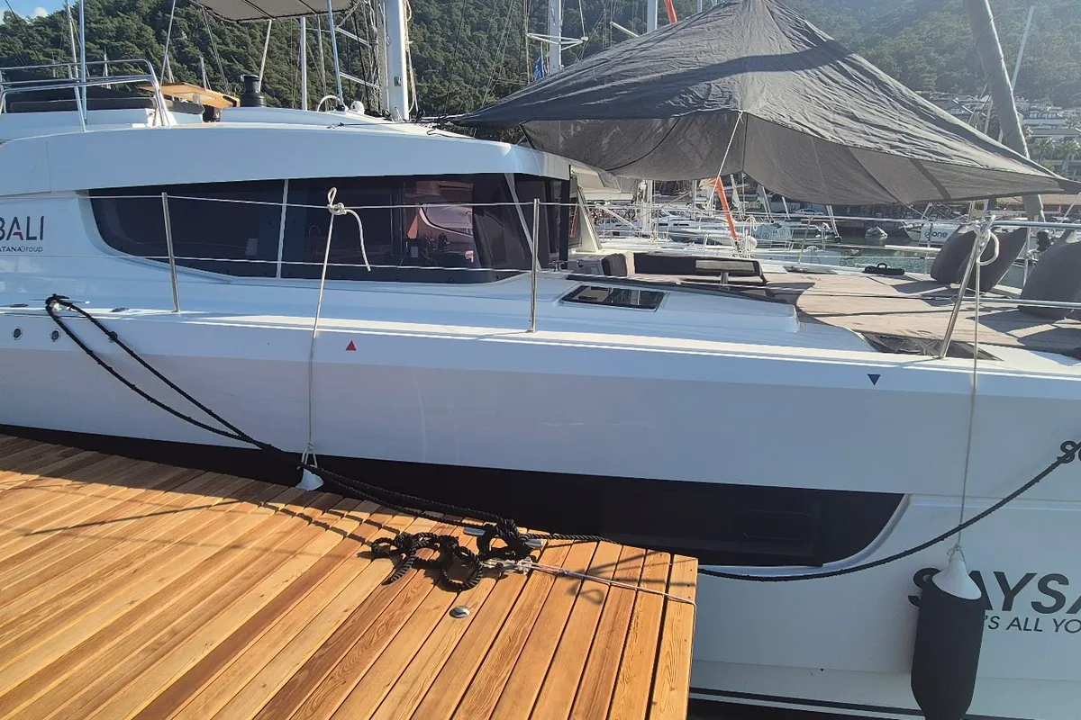 Head on Solo Star, a Bali 4.6 catamaran at Fethiye, Turkey