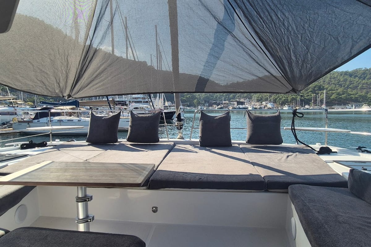 Deck of Solo Star, a Bali 4.6 catamaran at Fethiye, Turkey