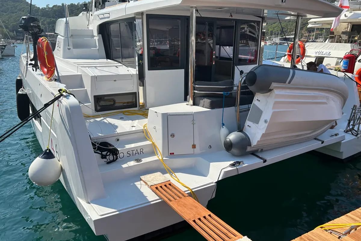 Exterior view of Solo Star, a Bali 4.6 catamaran at Fethiye, Turkey