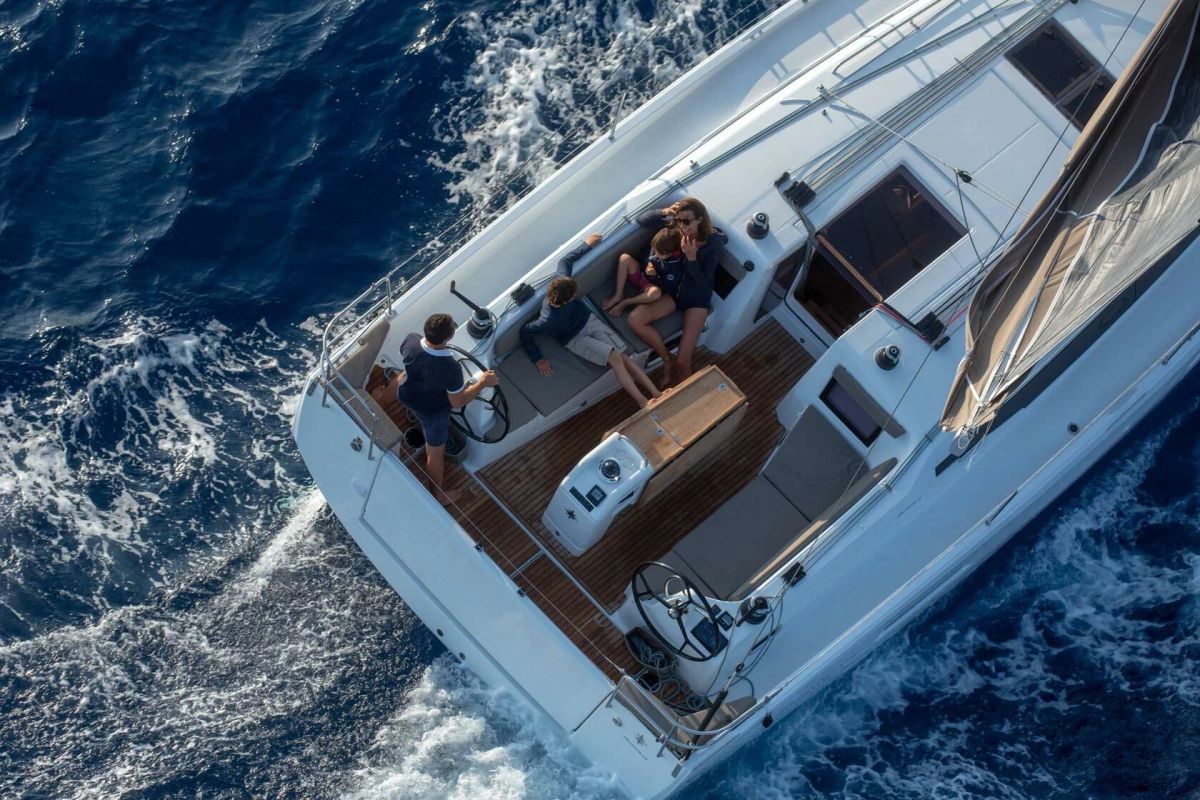 Deck of Sky Lina, a Jeanneau Sun Odyssey 410 sailboat at Marmaris, Turkey