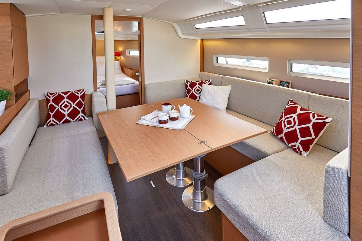 Salon of Sky Lina, a Jeanneau Sun Odyssey 410 sailboat at Marmaris, Turkey