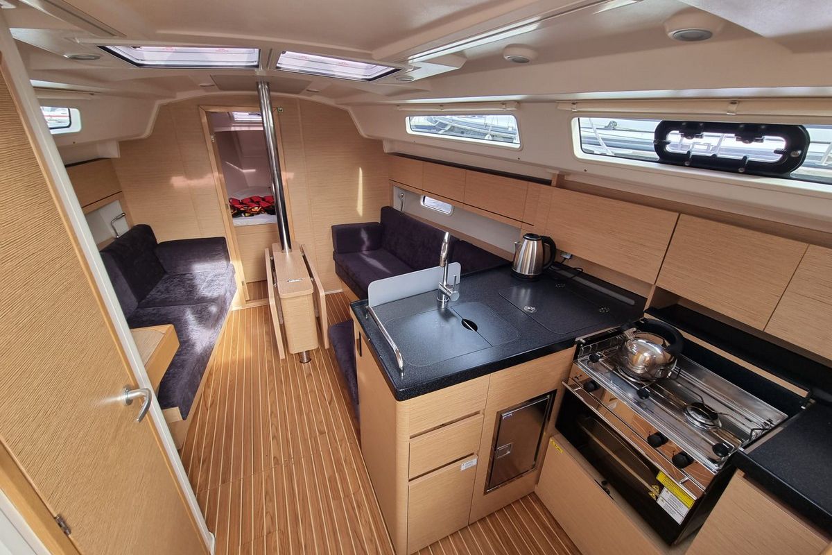 Galley of First Wind, a Hanse Yachts Hanse 348 sailboat at Gdańsk, Poland