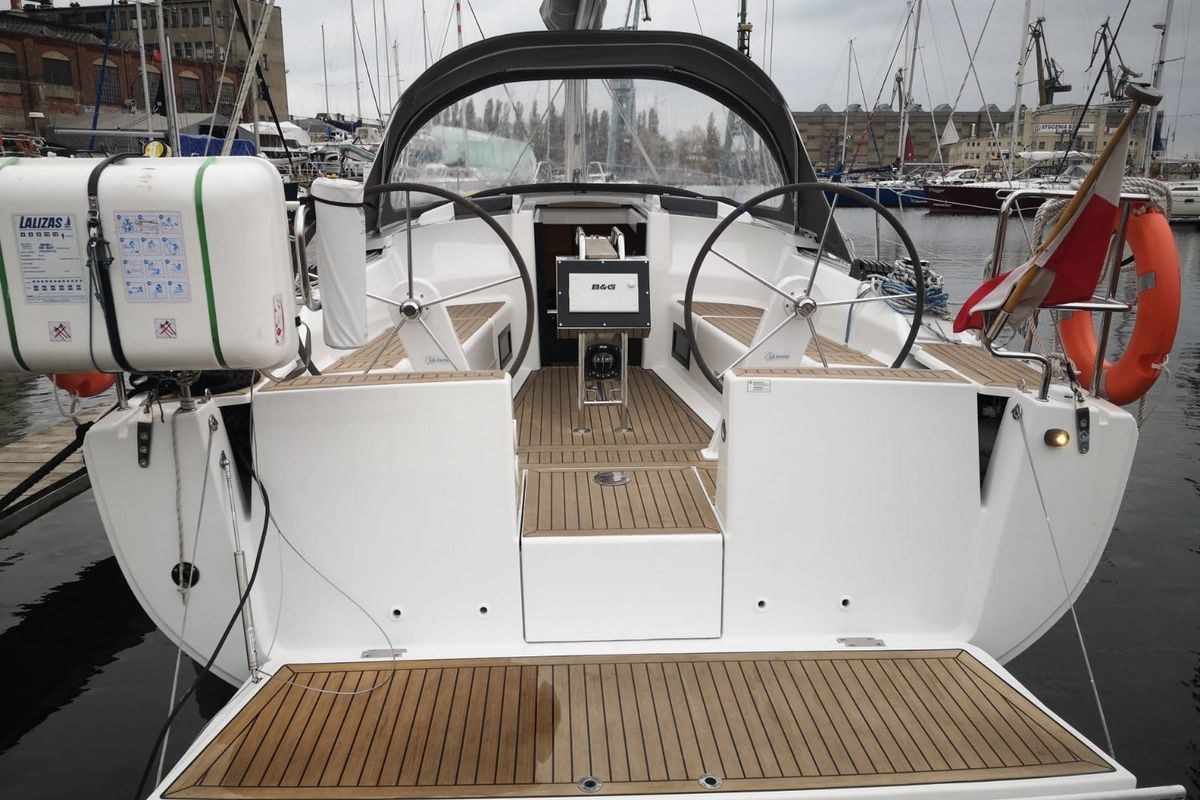 Cockpit of First Wind, a Hanse Yachts Hanse 348 sailboat at Gdańsk, Poland