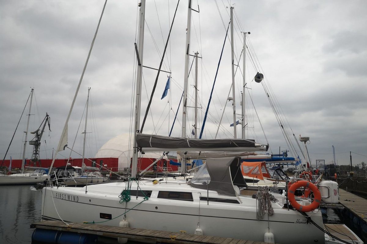 Exterior view of First Wind, a Hanse Yachts Hanse 348 sailboat at Gdańsk, Poland