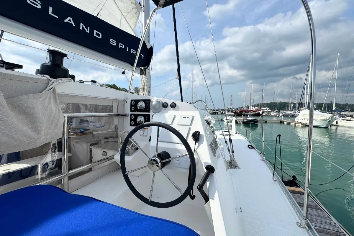 Cockpit of Isle Phantom, a Island Spirit Yachts Island Spirit 410 catamaran at Baan Salak Phet, Thailand