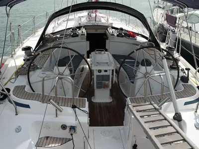 Cockpit of Monelli, a Bavaria 49 sailboat at Kontokali, Greece