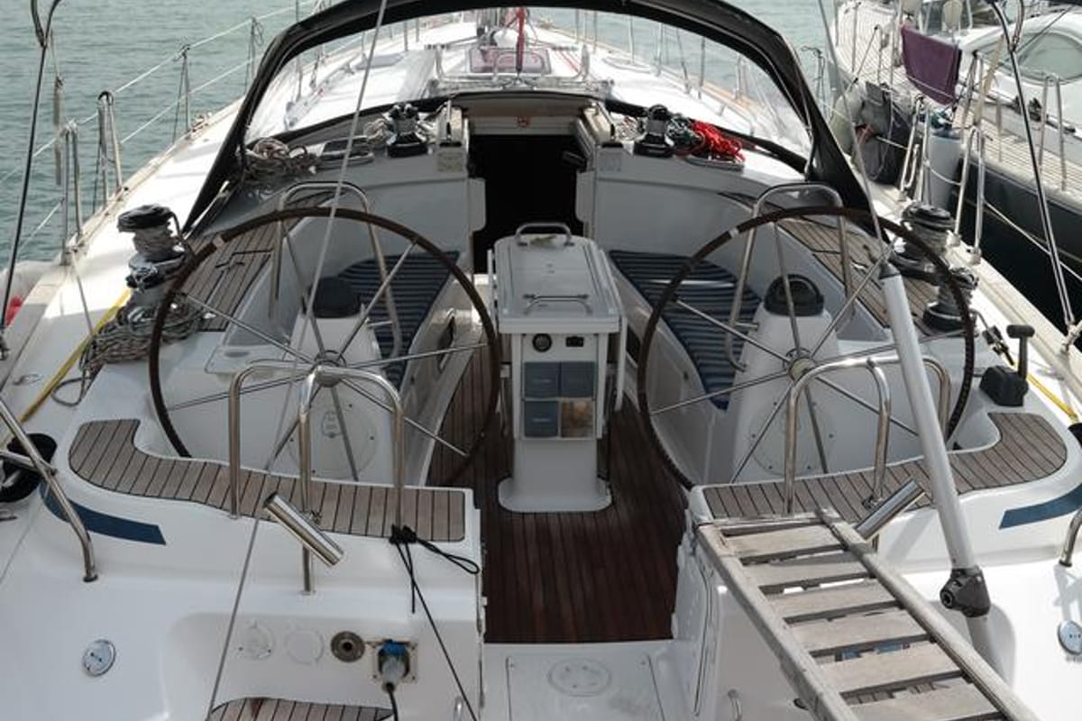 Cockpit of Monelli, a Bavaria 49 sailboat at Kontokali, Greece