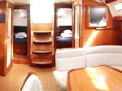 Salon of Monelli, a Bavaria 49 sailboat at Kontokali, Greece