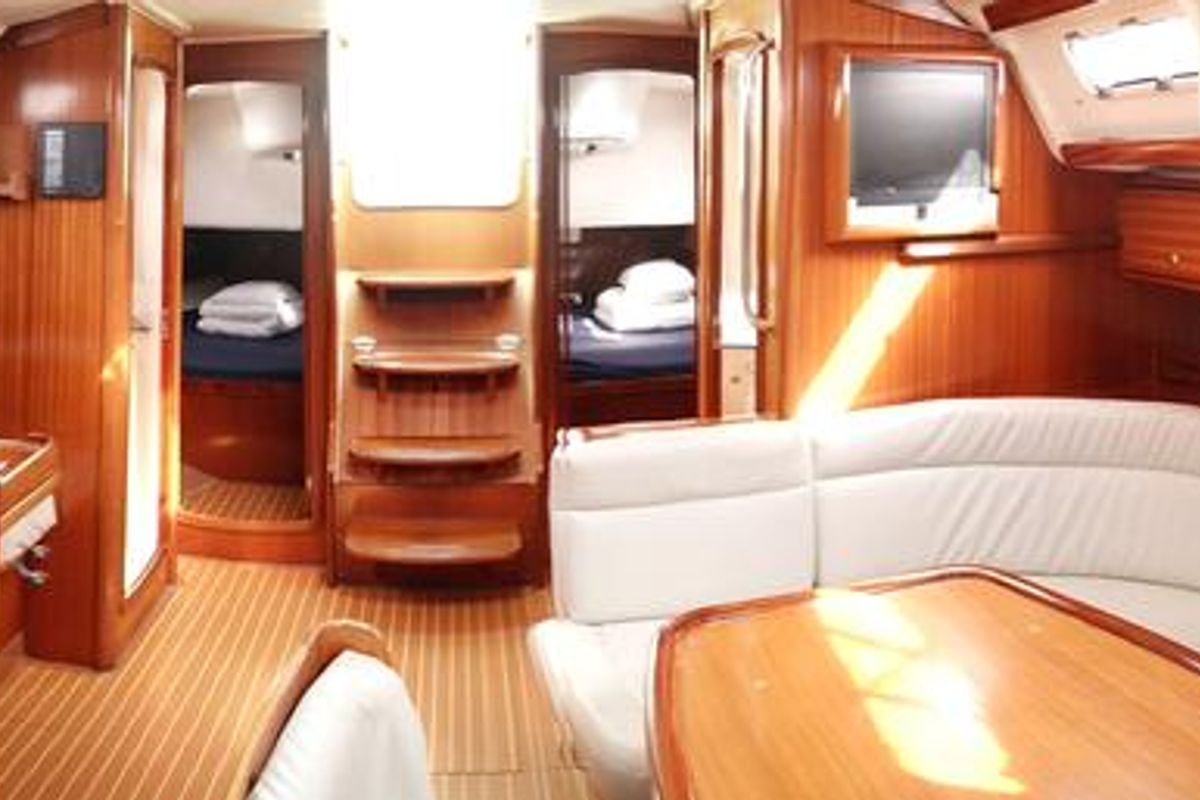 Salon of Monelli, a Bavaria 49 sailboat at Kontokali, Greece