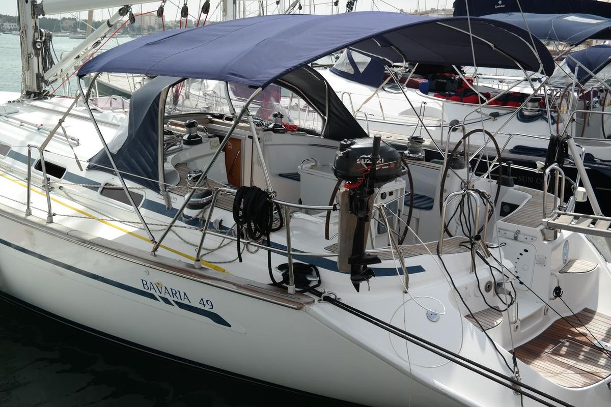 Exterior view of Monelli, a Bavaria 49 sailboat at Kontokali, Greece