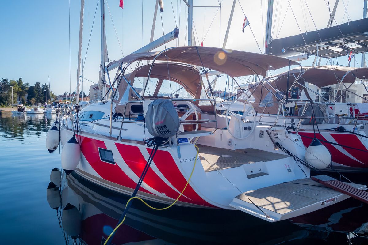 Exterior view of Despacito, a Elan Impression 40 sailboat at Grad Biograd na Moru, Croatia
