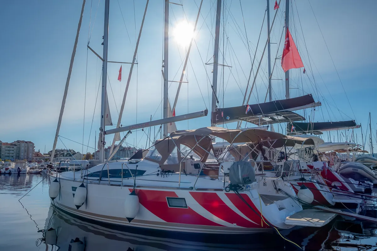 Exterior view of Despacito, a Elan Impression 40 sailboat at Grad Biograd na Moru, Croatia