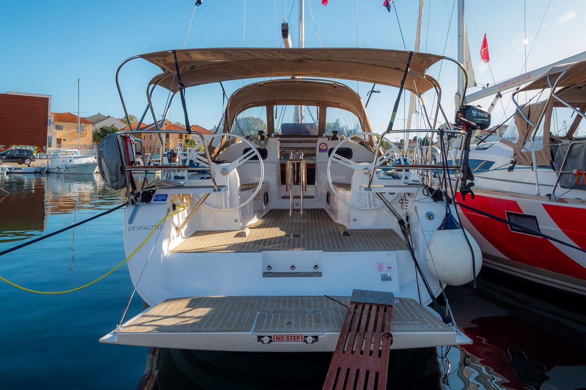 Exterior view of Despacito, a Elan Impression 40 sailboat at Grad Biograd na Moru, Croatia