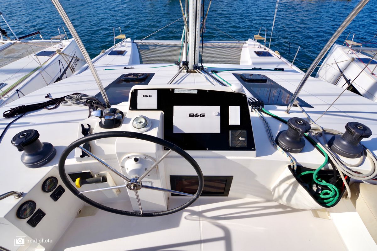 Cockpit of Gelmar, a Nautitech 46 Fly catamaran at Cannigione, Italy