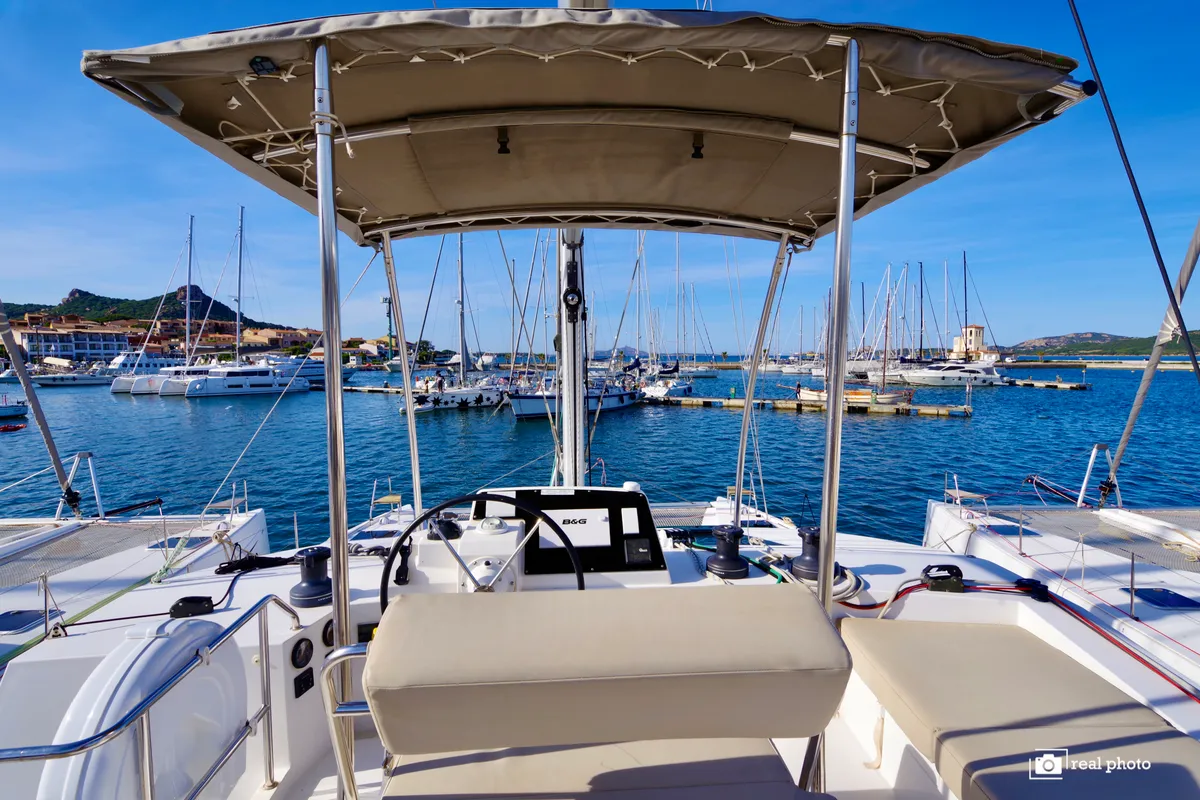 Cockpit of Gelmar, a Nautitech 46 Fly catamaran at Cannigione, Italy