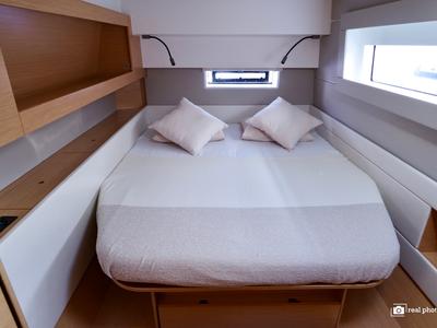 Cabin on Gelmar, a Nautitech 46 Fly catamaran at Cannigione, Italy
