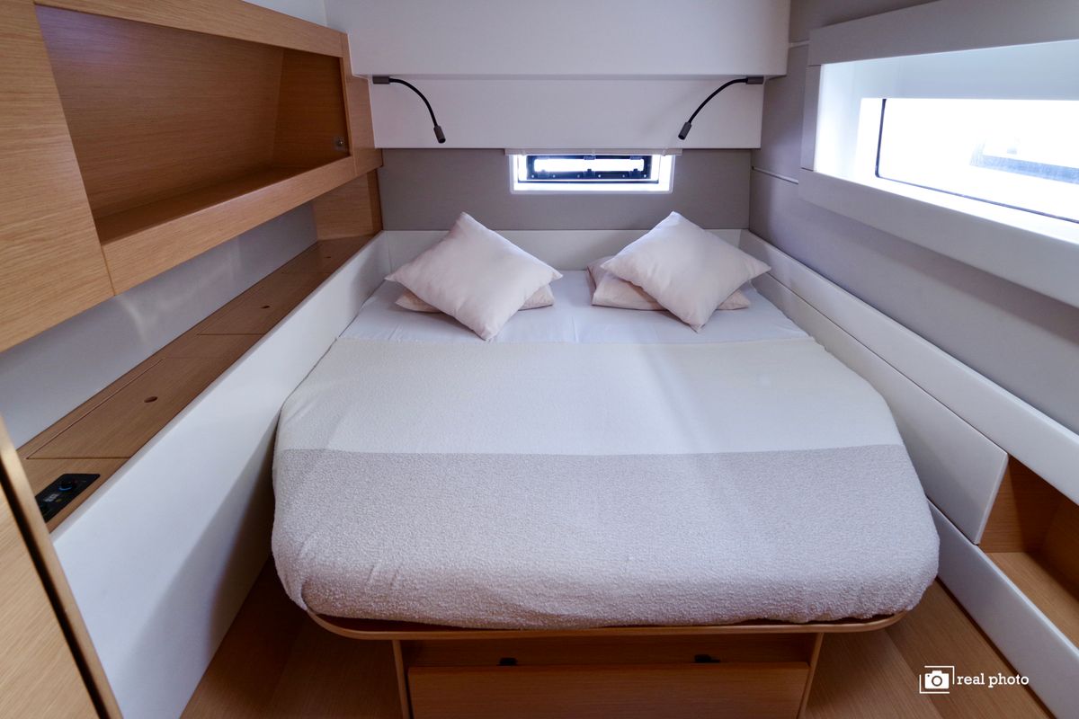 Cabin on Gelmar, a Nautitech 46 Fly catamaran at Cannigione, Italy
