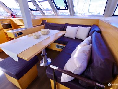 Salon of Gelmar, a Nautitech 46 Fly catamaran at Cannigione, Italy