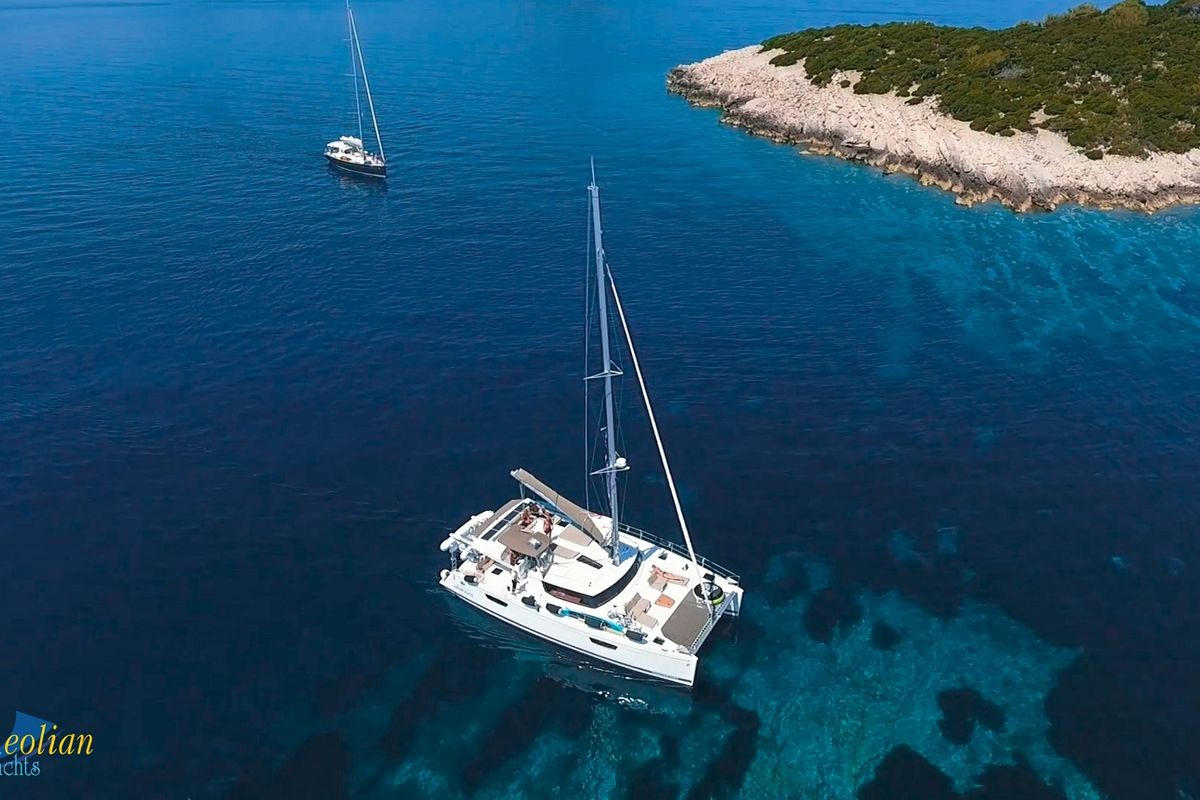 Exterior view of Aeolian Myth, a Lagoon 50 catamaran at Preveza, Greece