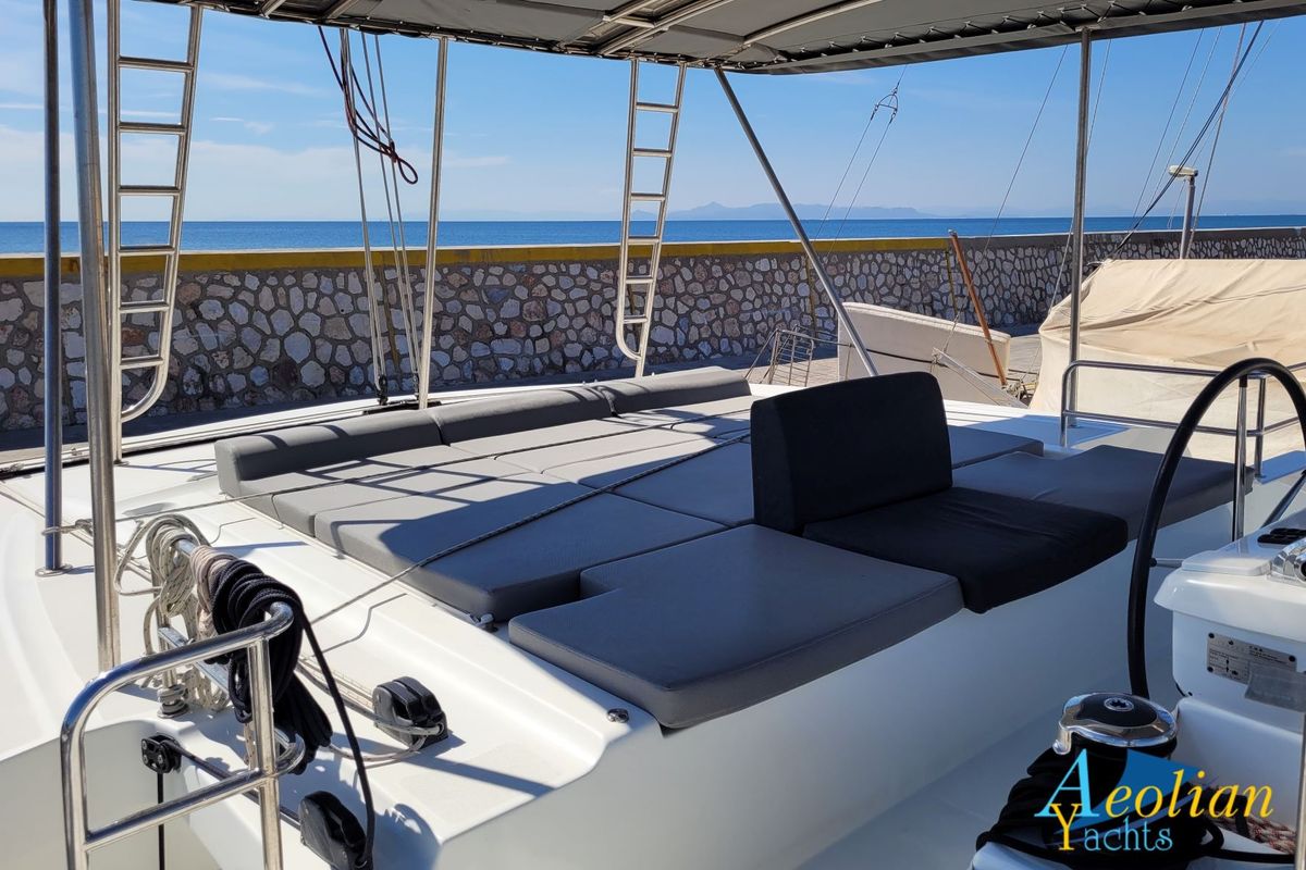 Deck of Aeolian Myth, a Lagoon 50 catamaran at Preveza, Greece