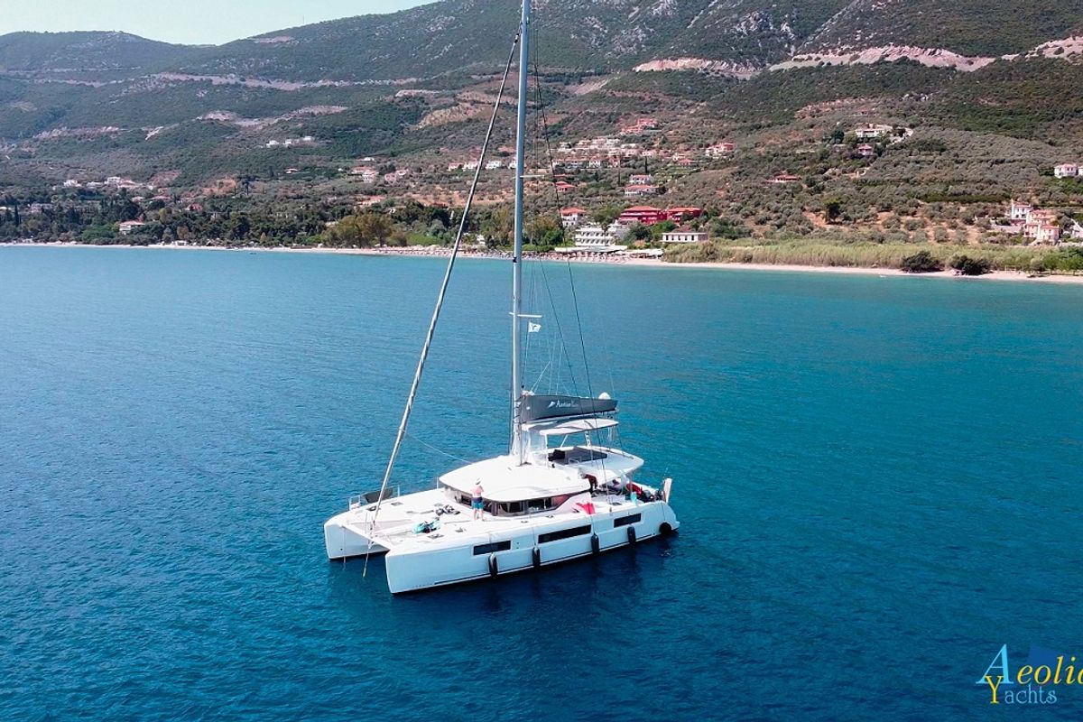 Exterior view of Aeolian Myth, a Lagoon 50 catamaran at Preveza, Greece
