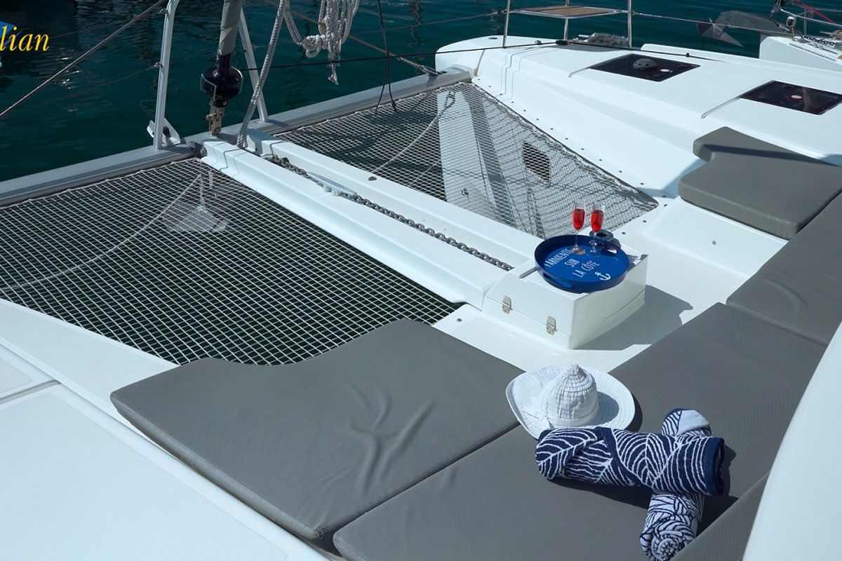 Deck of Aeolian Myth, a Lagoon 50 catamaran at Preveza, Greece