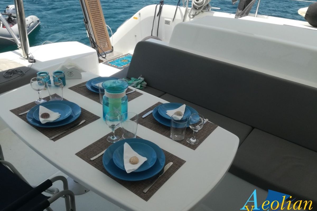 Deck of Aeolian Myth, a Lagoon 50 catamaran at Preveza, Greece