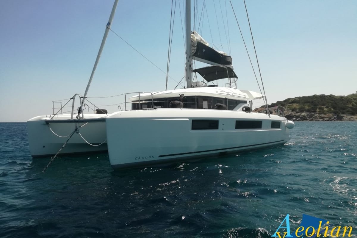 Exterior view of Aeolian Myth, a Lagoon 50 catamaran at Preveza, Greece