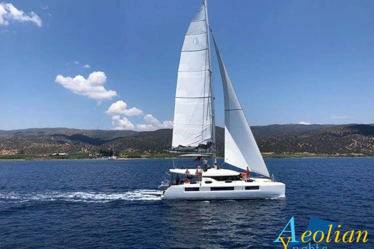 Exterior view of Aeolian Myth, a Lagoon 50 catamaran at Preveza, Greece