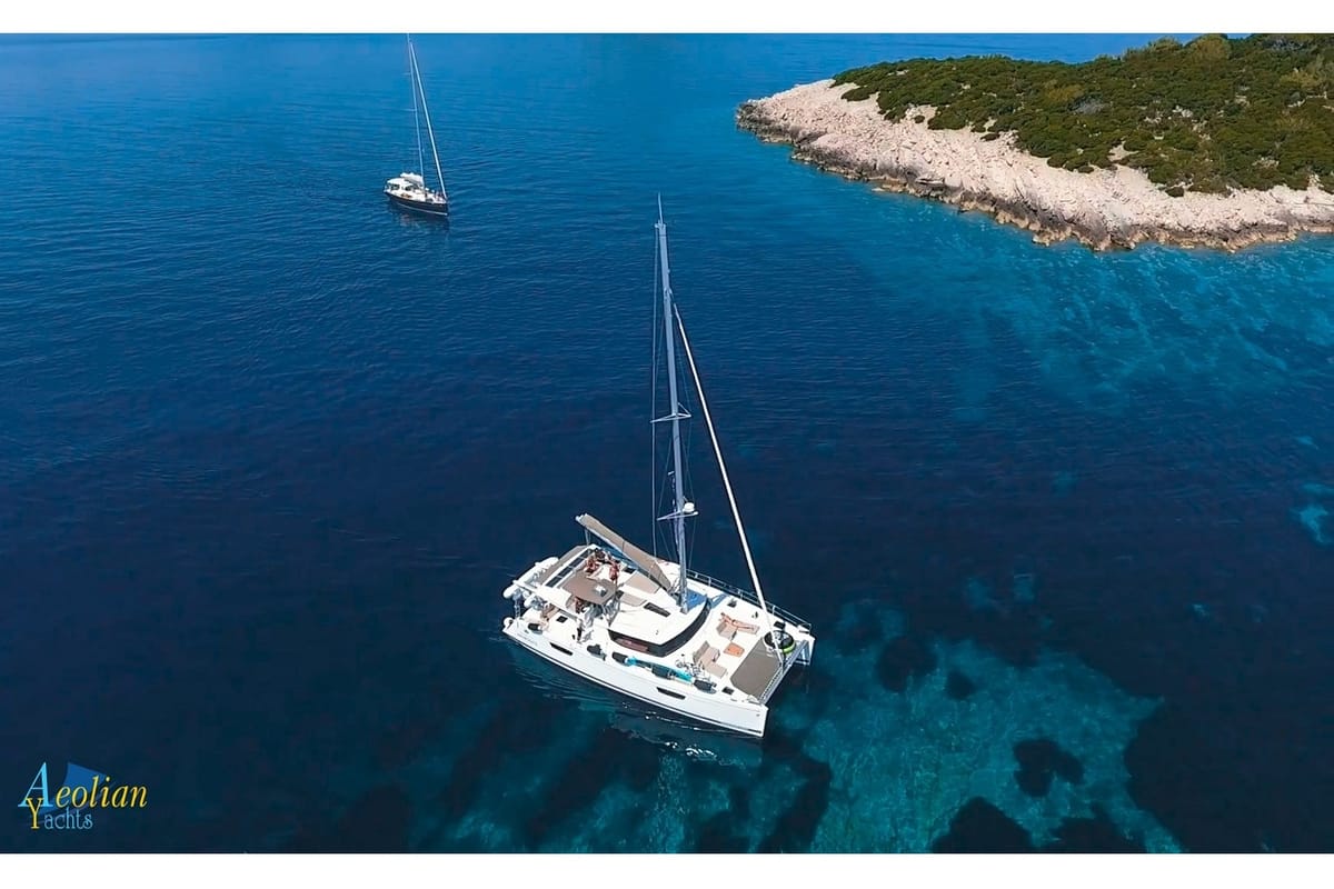 Exterior view of Aeolian Myth, a Lagoon 50 catamaran at Preveza, Greece