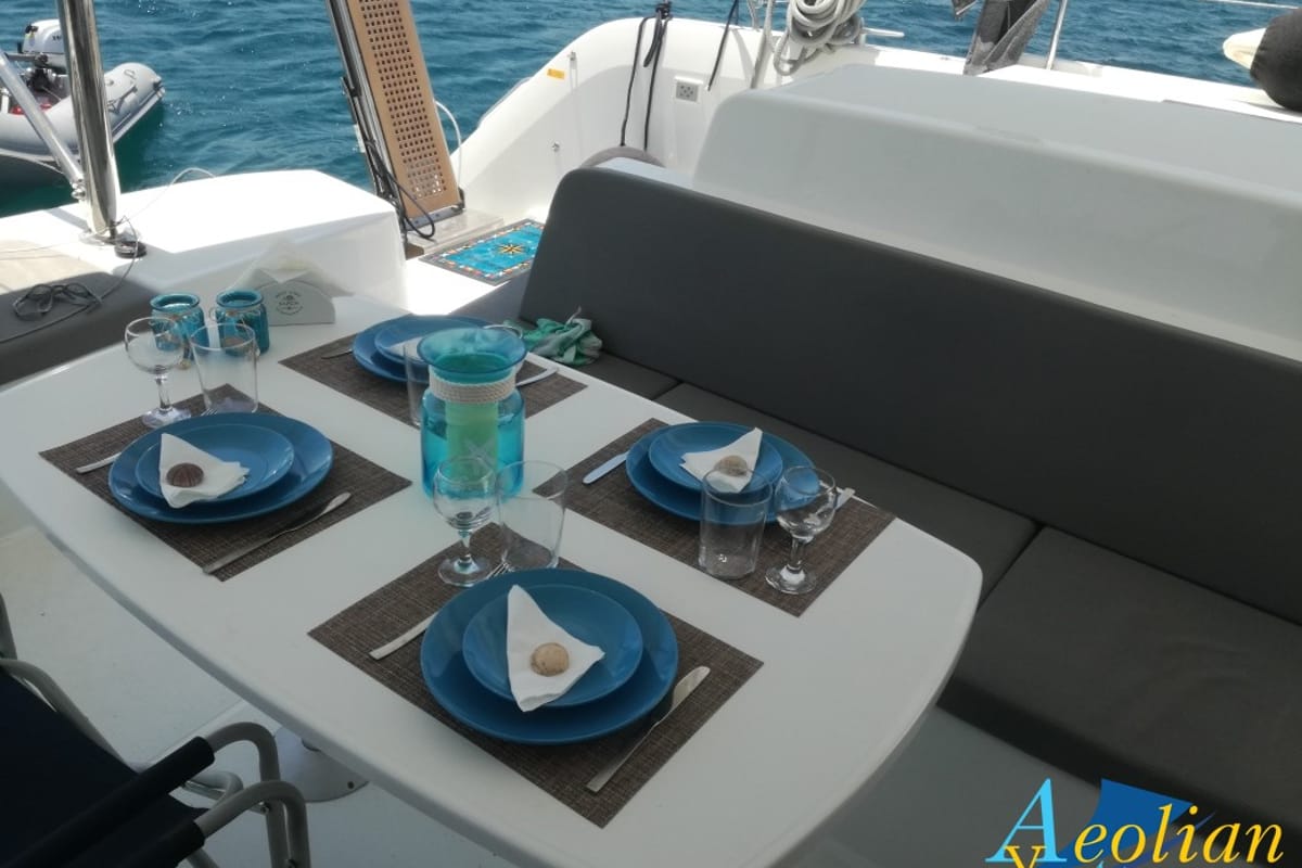 Deck of Aeolian Myth, a Lagoon 50 catamaran at Preveza, Greece