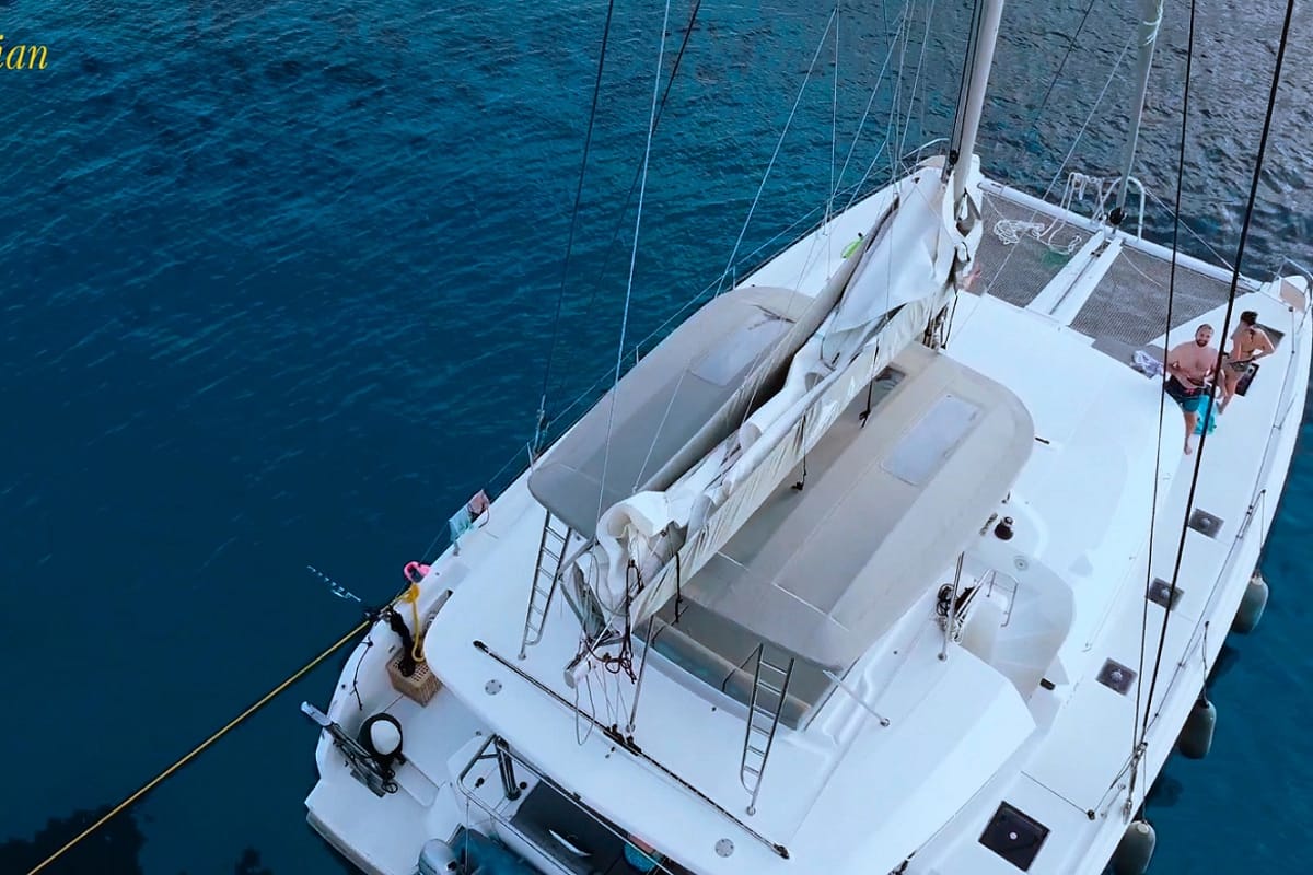 Deck of Aeolian Myth, a Lagoon 50 catamaran at Preveza, Greece