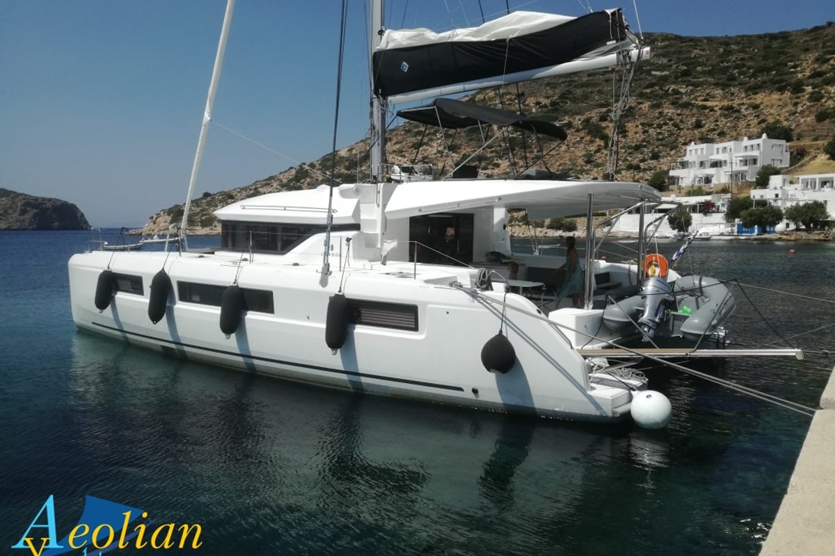 Exterior view of Aeolian Myth, a Lagoon 50 catamaran at Preveza, Greece