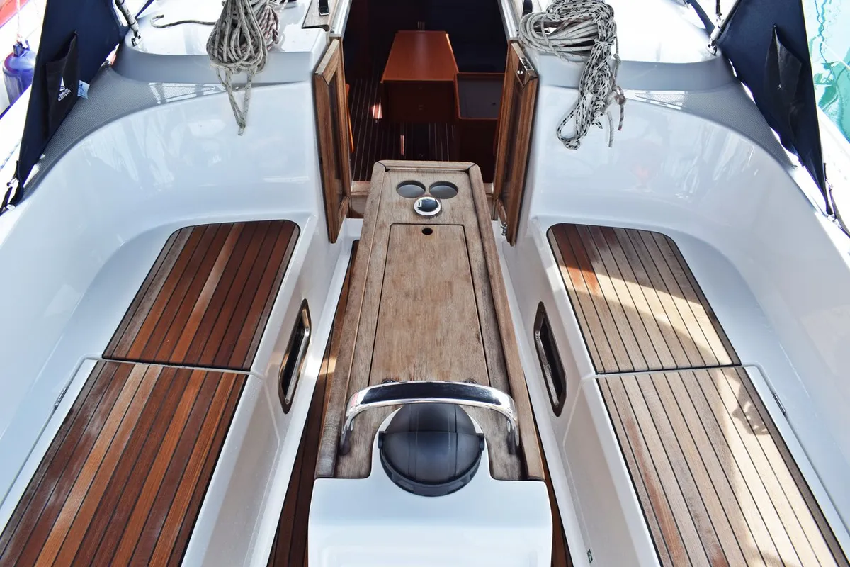 Cockpit of Zaklopatica, a Bavaria Cruiser 37 sailboat at Grad Kaštela, Croatia