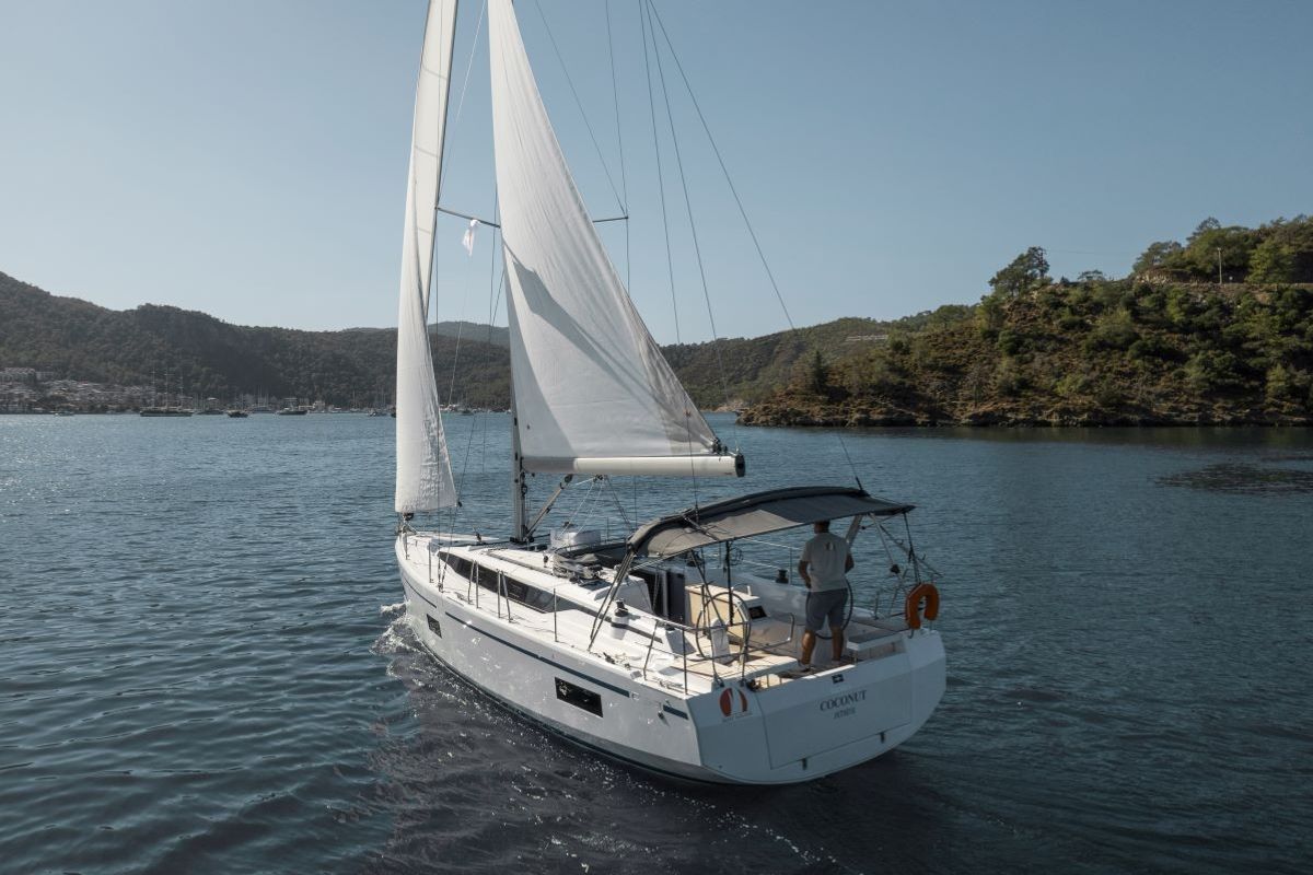 Exterior view of Coconut, a Bavaria C38 sailboat at Fethiye, Turkey