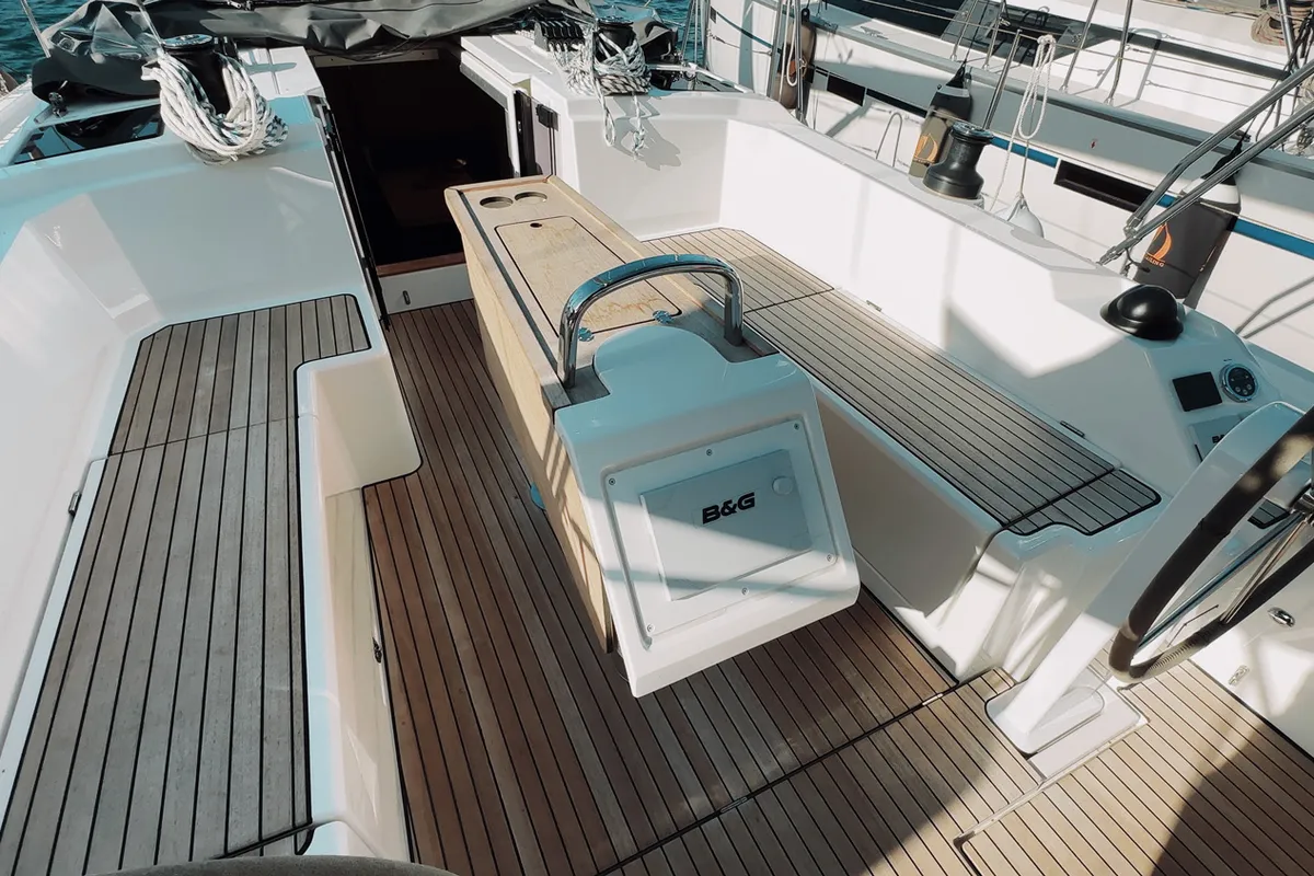 Deck of Coconut, a Bavaria C38 sailboat at Fethiye, Turkey
