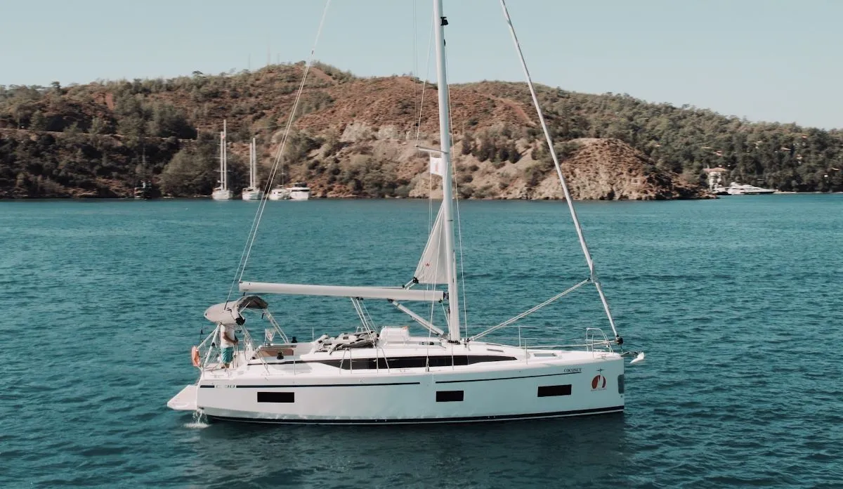 Exterior view of Coconut, a Bavaria C38 sailboat at Fethiye, Turkey