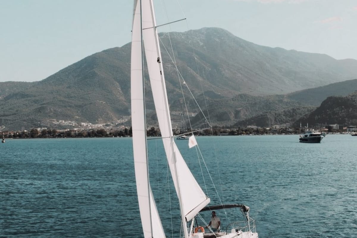 Exterior view of Coconut, a Bavaria C38 sailboat at Fethiye, Turkey